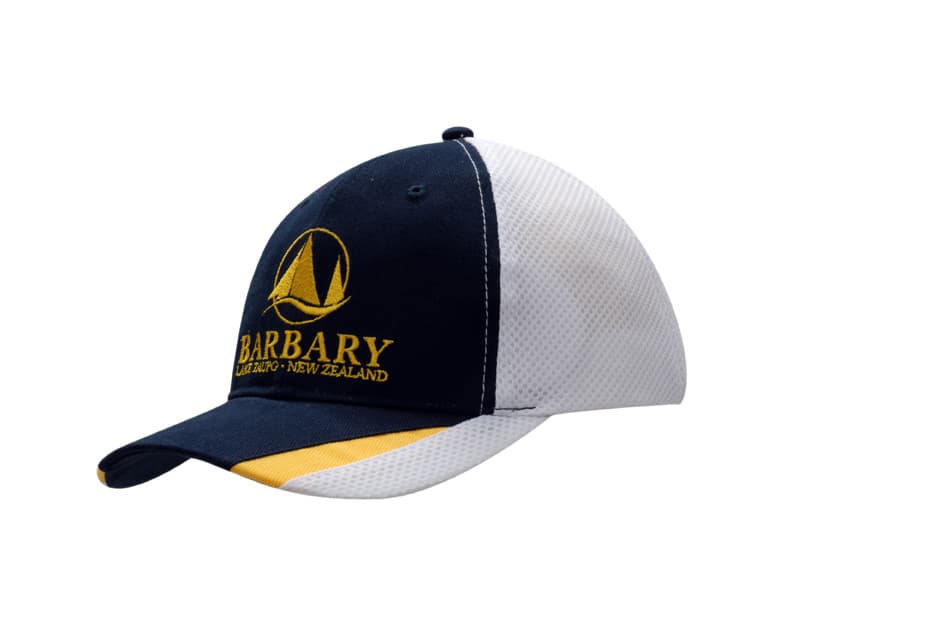A navy and white cap with mesh inserts, featuring a logo on the front and a yellow accent on the peak.