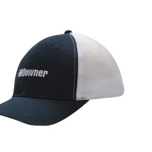 A navy and white cap featuring a mesh back and a logo on the front.
