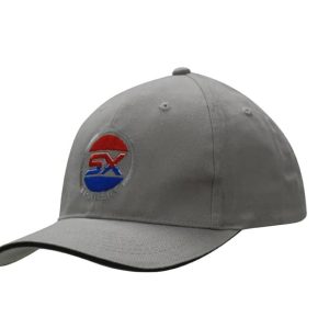 A grey brushed heavy cotton cap with sandwich trim and an embroidered logo on the front.