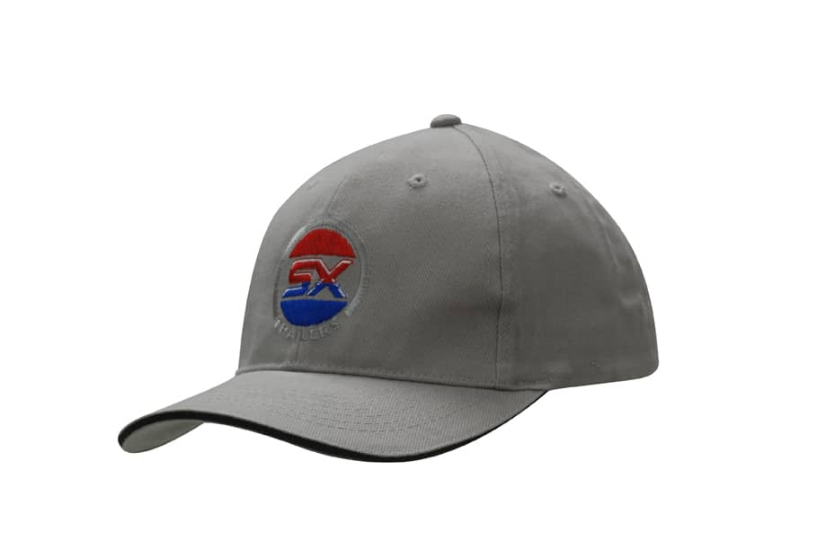 A grey brushed heavy cotton cap with sandwich trim and an embroidered logo on the front.