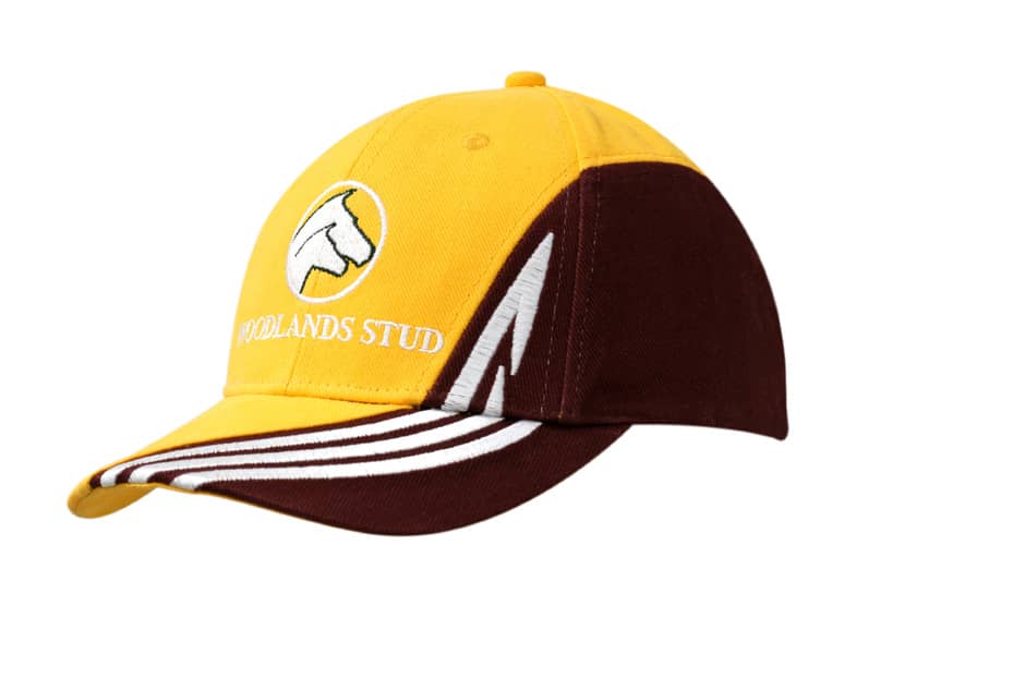 A yellow and brown cap featuring an embroidered design on the crown and peak, with a logo and fabric insert.