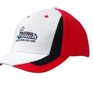 A brushed heavy cotton cap featuring red and white colours, with fabric inserts on the crown and peak, and a logo.
