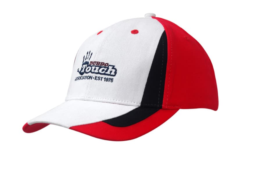 A brushed heavy cotton cap featuring red and white colours, with fabric inserts on the crown and peak, and a logo.