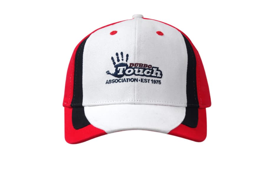 Brushed heavy cotton cap in white, red, and black with a logo on the front. Features fabric inserts on the crown and peak.