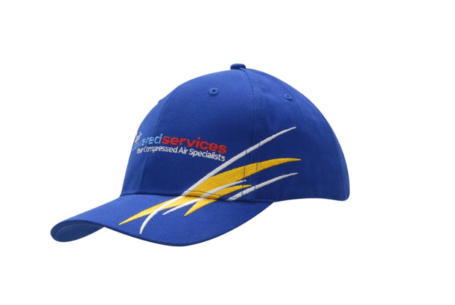 A blue cap featuring strike embroidery on the crown and peak, with a logo on the front.