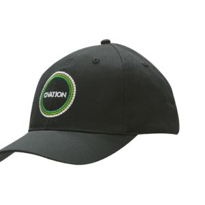 A black cotton twill cap featuring a circular logo on the front. The cap has a curved brim and a relaxed fit.