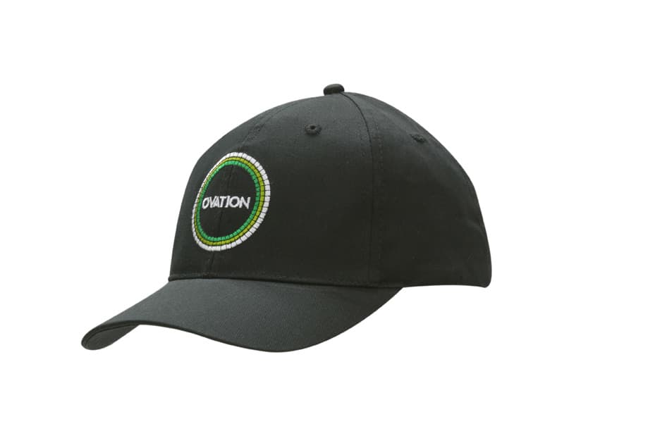 A black cotton twill cap featuring a circular logo on the front. The cap has a curved brim and a relaxed fit.
