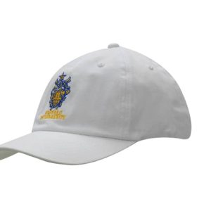 A white cap made of brushed heavy cotton with an embroidered logo on the front.