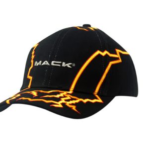 A black cap featuring vibrant orange lightning embroidery on the crown and peak, with a logo on the front.