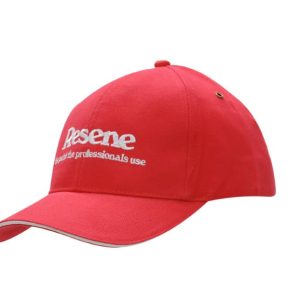 A red brushed heavy cotton cap featuring a sandwich trim and brass eyelets, with a logo visible on the front.