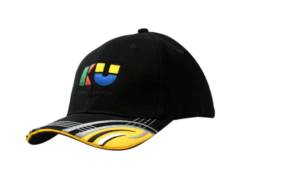 A black cap featuring a sandwich trim and fabric inserts, with an embroidered design on the peak in vibrant colours.
