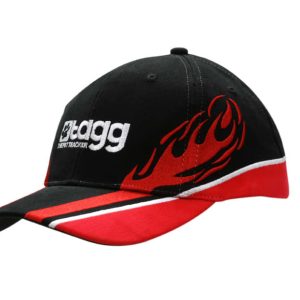 A black cap with red flames and trim on the crown and peak, featuring an embroidered logo.