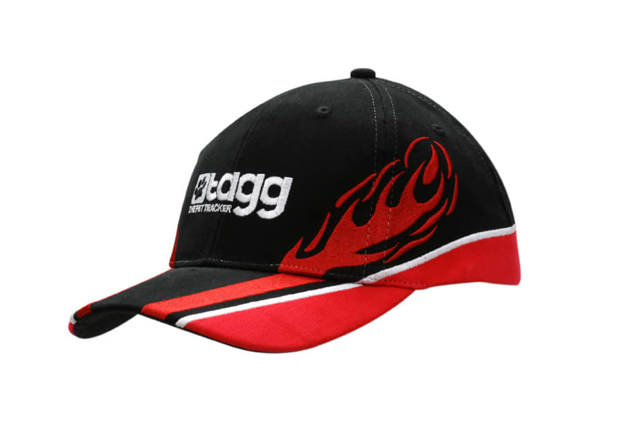 A black cap with red flames and trim on the crown and peak, featuring an embroidered logo.