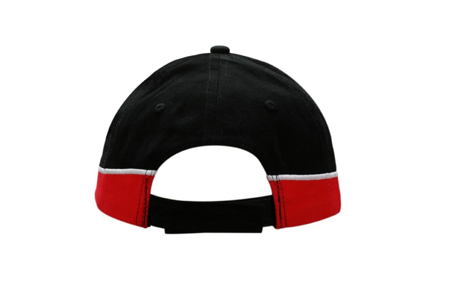 A black and red cap with embroidery flames and trim on the crown and peak, featuring an adjustable strap at the back.