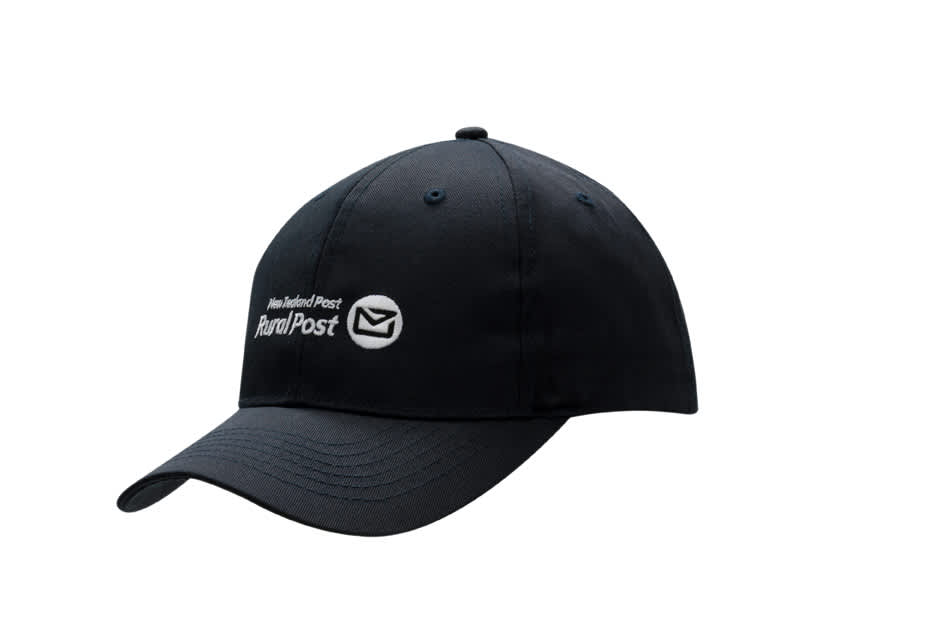 A black cap made from 100% recycled fabric, featuring a logo on the front.