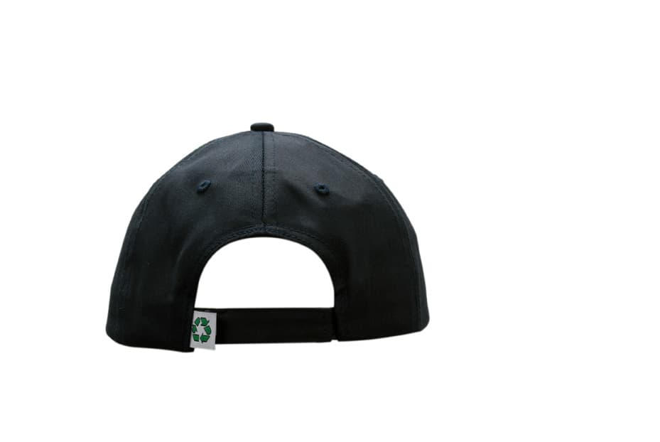 A black recycled fabric cap featuring a logo on the back and an adjustable strap for sizing.