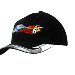 A black brushed heavy cotton cap featuring an embroidered design on the peak and a logo.