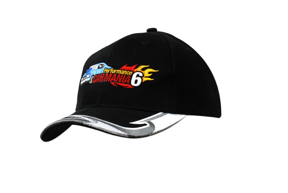 A black brushed heavy cotton cap featuring an embroidered design on the peak and a logo.