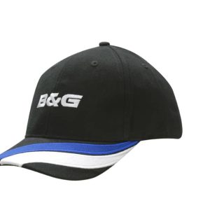 A black cap with fabric stripes in blue and white, featuring an embroidered logo on the peak.