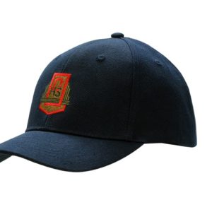 A wool/acrylic cap in navy blue with a red embroidered logo on the front.