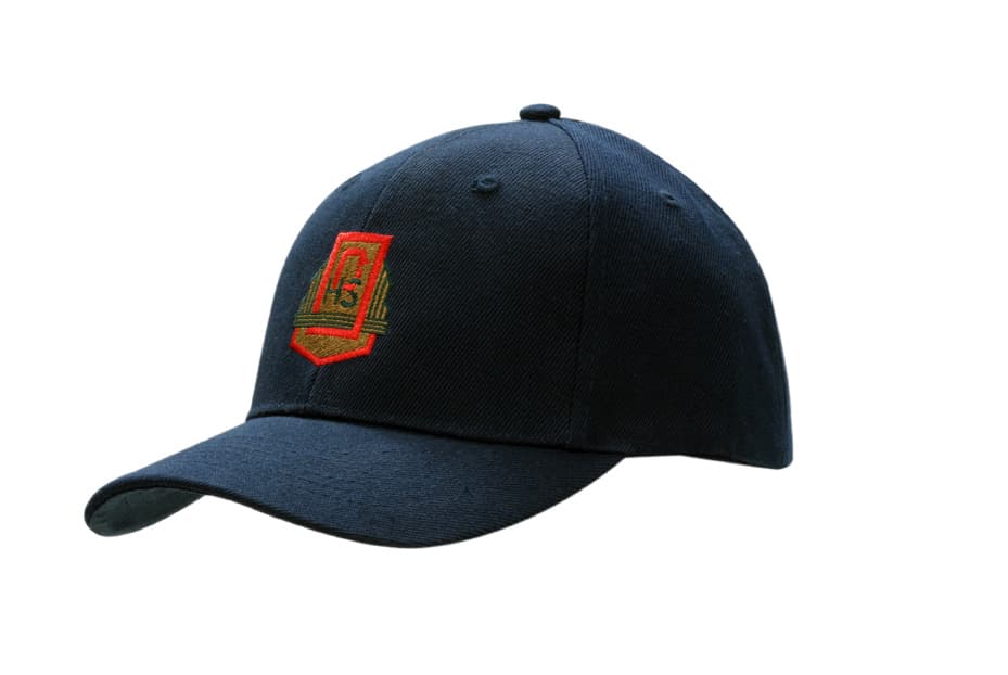 A wool/acrylic cap in navy blue with a red embroidered logo on the front.