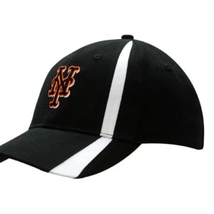A black cap with fabric inserts on the crown and peak, featuring an embroidered logo and white stripes.