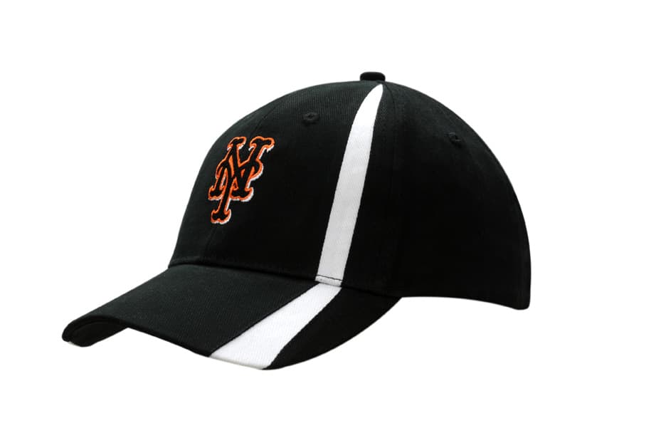 A black cap with fabric inserts on the crown and peak, featuring an embroidered logo and white stripes.