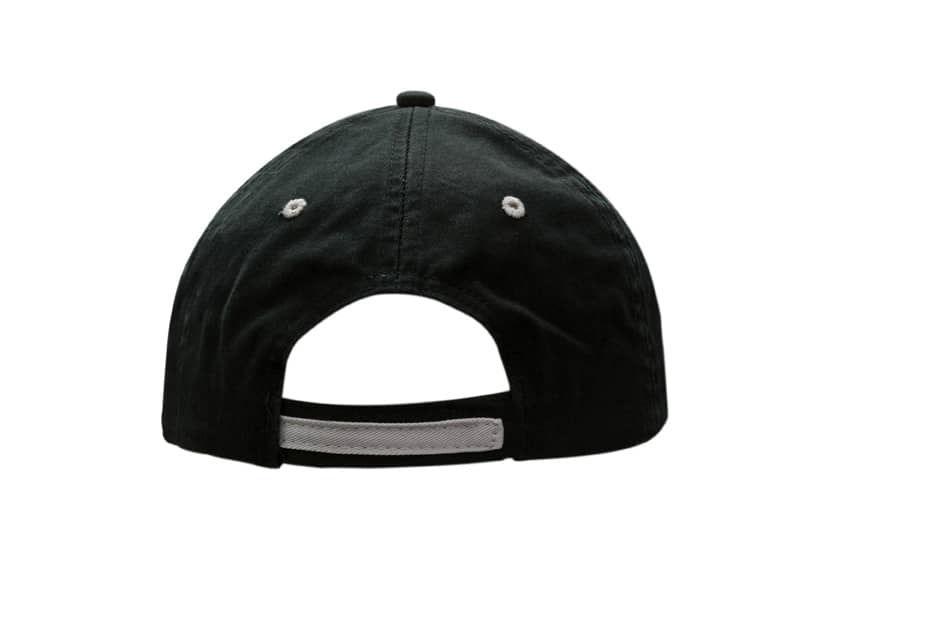 A black chino twill cap featuring sandwich trim, with a back strap stripe and ventilation holes.