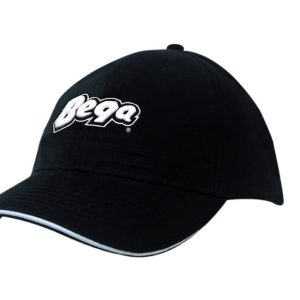 A black cap featuring a logo, with sandwich trim and a curved peak, made from brushed heavy cotton and spandex.