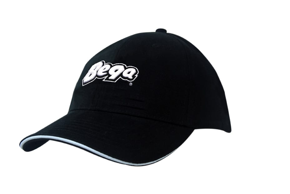 A black cap featuring a logo, with sandwich trim and a curved peak, made from brushed heavy cotton and spandex.