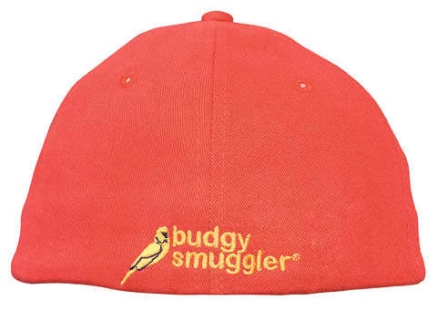 A red cap made of brushed heavy cotton and spandex, featuring a brand logo.
