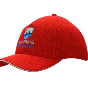 A red cap with a sandwich trim, featuring a logo on the front and a textured mesh design.