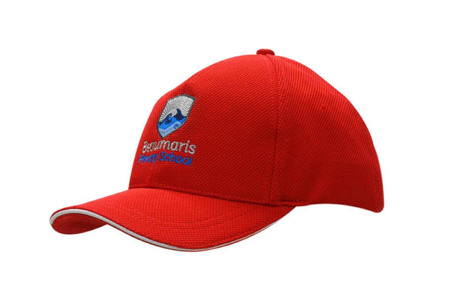 A red cap with a sandwich trim, featuring a logo on the front and a textured mesh design.
