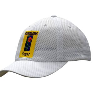 A white sports mesh cap featuring a logo on the front and a curved brim.