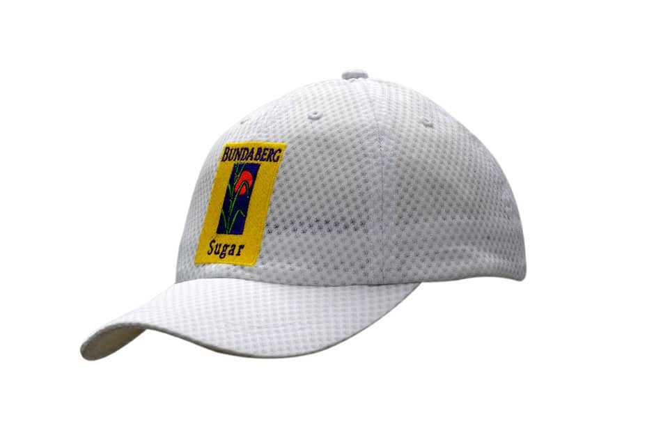 A white sports mesh cap featuring a logo on the front and a curved brim.