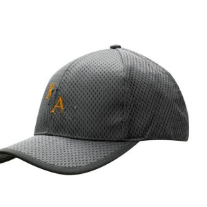 A grey waffle mesh cap with a peak and a logo on the front.