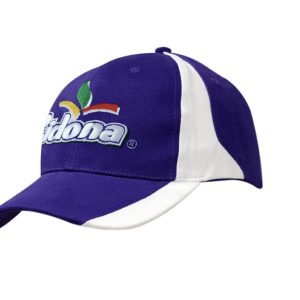 A purple and white cap featuring fabric inserts on the crown and peak, with a logo on the front.