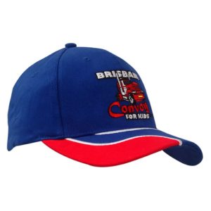 A blue cap with a red peak and white detailing, featuring an embroidered logo on the front.