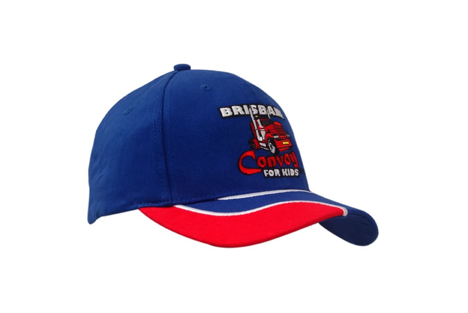 A blue cap with a red peak and white detailing, featuring an embroidered logo on the front.