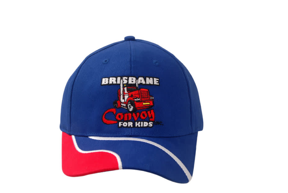 A blue cap with red accents, featuring an embroidered logo on the front.