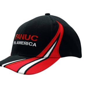 A black and red cap featuring fabric inserts and embroidery on the crown and peak, with a logo present.