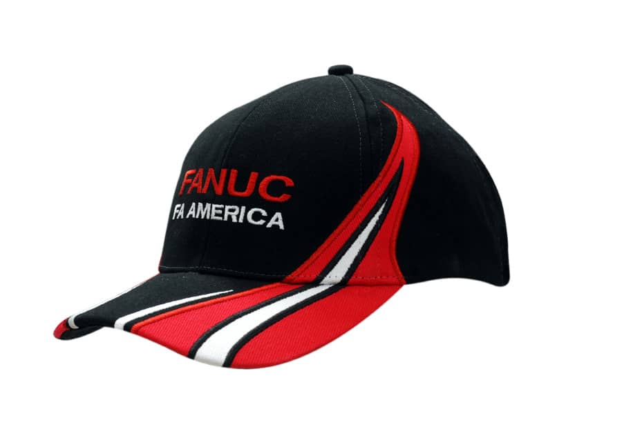 A black and red cap featuring fabric inserts and embroidery on the crown and peak, with a logo present.