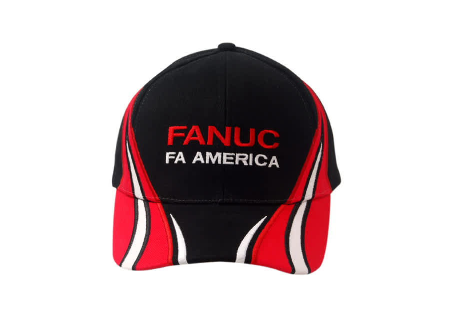 A black and red cap featuring fabric inserts and embroidery on the crown and peak, with a logo on the front.
