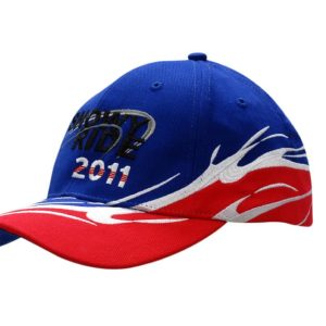 A blue and red cap with wave inserts and embroidery on the crown and peak, featuring a logo.