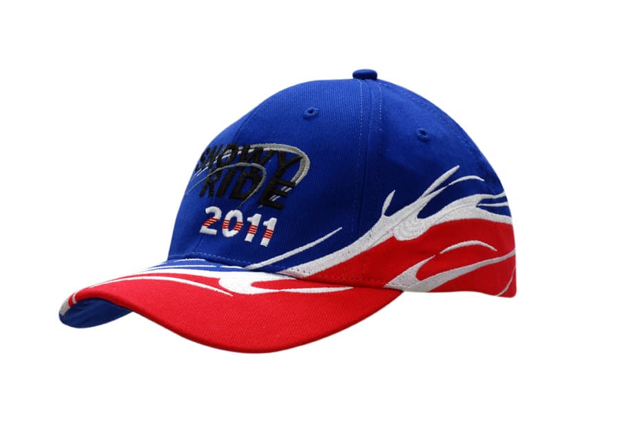 A blue and red cap with wave inserts and embroidery on the crown and peak, featuring a logo.