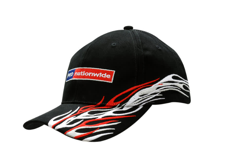 A black cap featuring peak and crown flame embroidery in red and white, with a logo on the front.