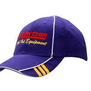 A purple cap with crown and peak piping, featuring embroidery and a logo.