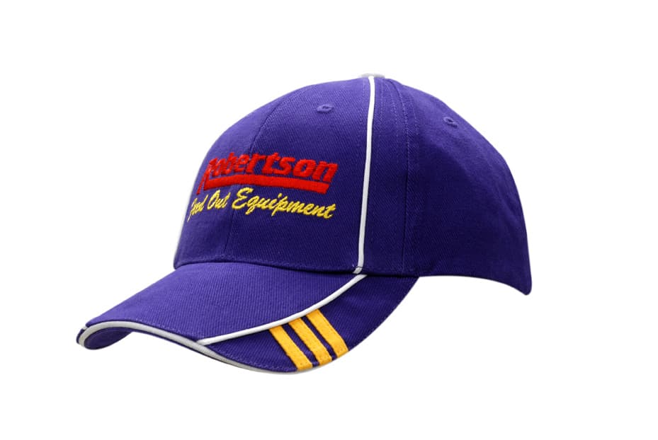 A purple cap with crown and peak piping, featuring embroidery and a logo.