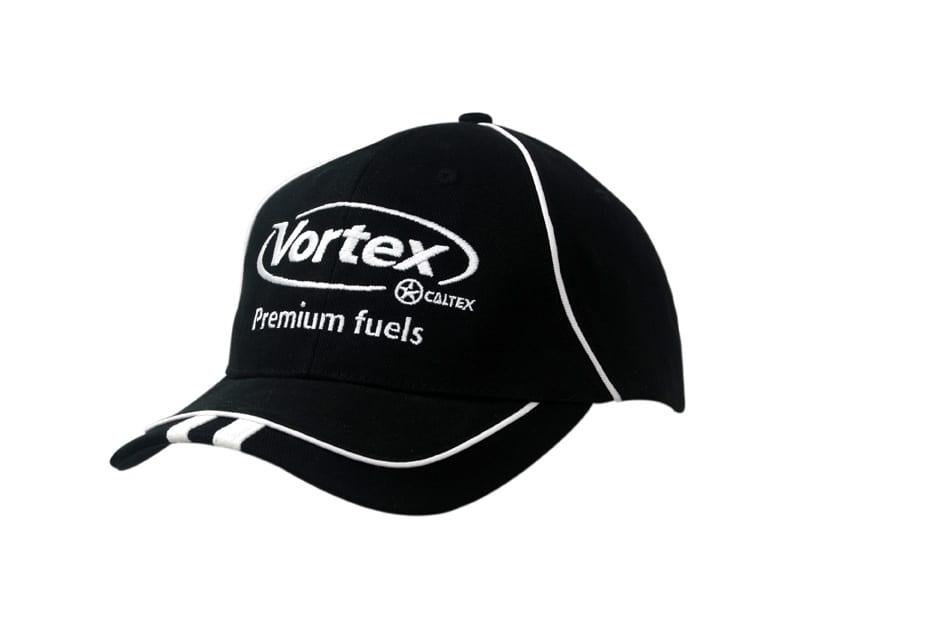 A black brushed heavy cotton cap featuring white piping and logo embroidery on the front and peak.