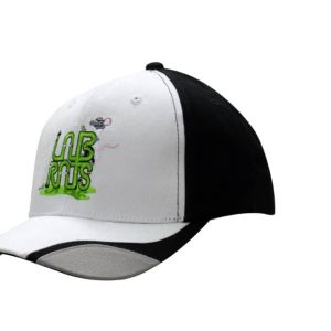 A black and white cap featuring fabric inserts on the peak and a logo on the front.